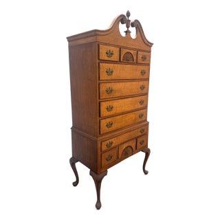 Vintage Colonial Revival Figured Maple Chippendale-Style Highboy Chest For Sale