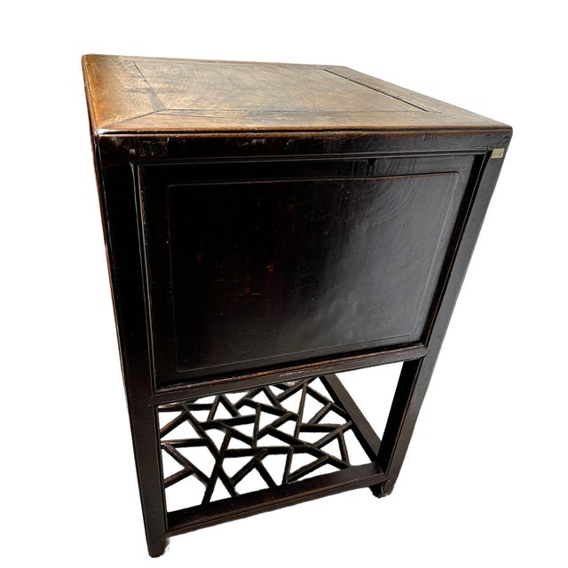 Wood Antique Chinese Wood Cabinet With Decorative Fretwork Cracked Ice on Base For Sale - Image 7 of 12