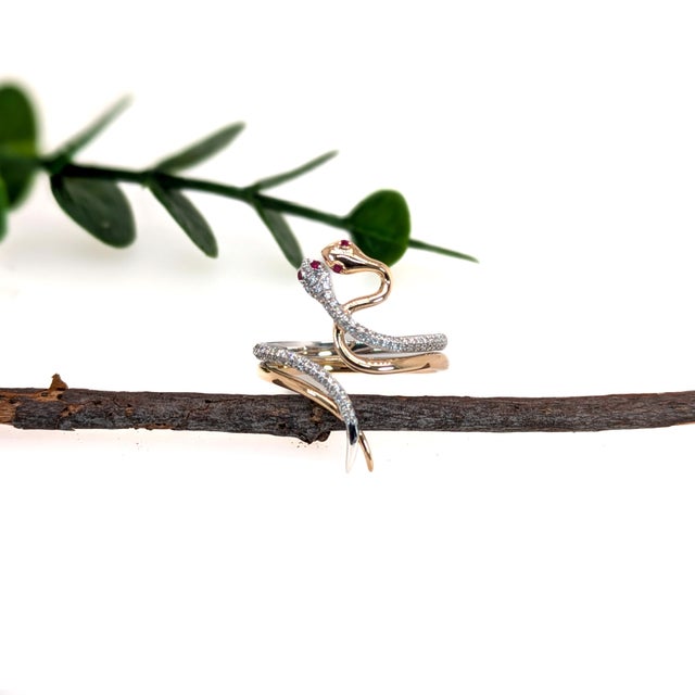 Contemporary Double Snake Ring With Ruby and Diamond Accents: 14k Dual Yellow and White Gold For Sale - Image 3 of 6