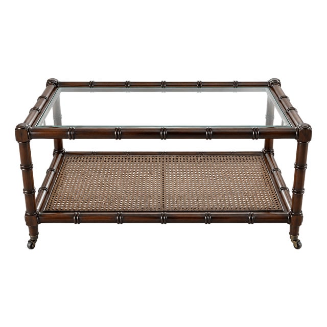 Late 20th Century Hollywood Regency Faux Bamboo & Cane Coffee Table For Sale