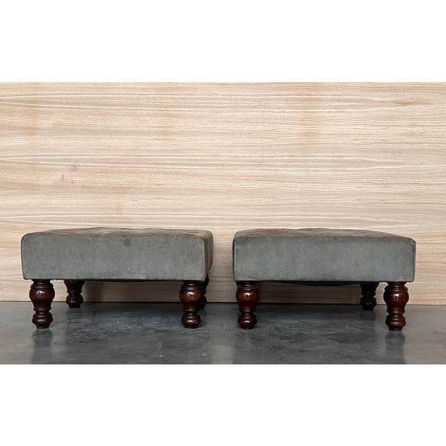 Spanish Pair of Footstools with leather seat and Bowl Legs For Sale - Image 3 of 18