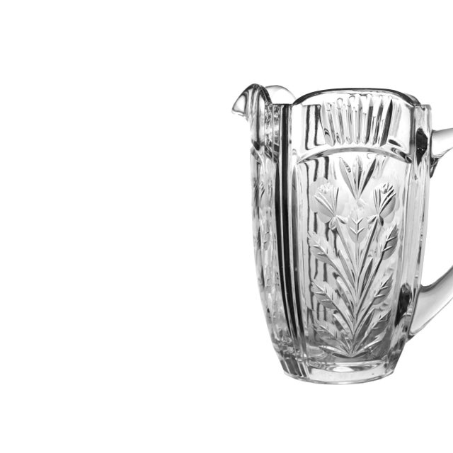 Shabby Chic Vintage Cut Etched Floral Design Clear Crystal Glass Pitcher For Sale - Image 3 of 6