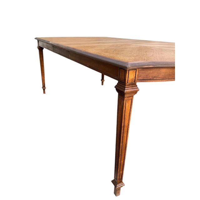 Brown Vintage Refinished Walnut Chevron Veneer Extendable Dining Table With Two Leaves For Sale - Image 8 of 10