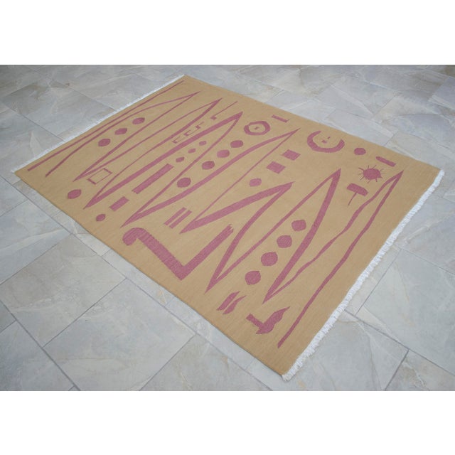 Handmade Modern Silk Rug Paul Klee Inspired Oushak Kilim Modernist Bauhaus Style Pink Beige 4x6 Ft Approx For Sale - Image 15 of 18
