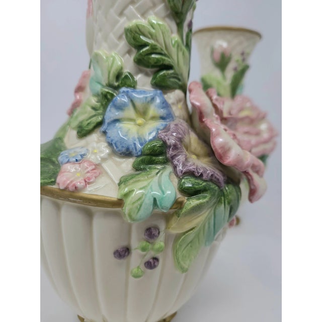 Cream Vintage Fitz & Floyd Chrysanthemum and Tulip Footed Vases a Pair For Sale - Image 8 of 12