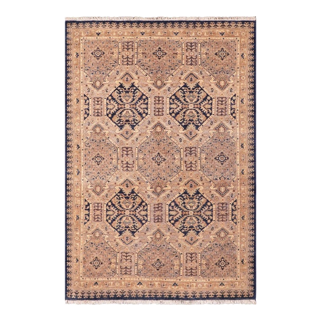 Boho Chic Ziegler Blue Beige Hand-Knotted Wool Rug - 5'0'' X 7'0'' For Sale
