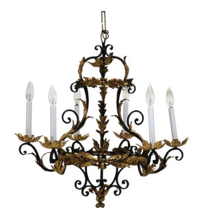 Antique French Rococo Gilt and Ebonized Metal Six Light Foliate Chandelier Circa 1930 For Sale