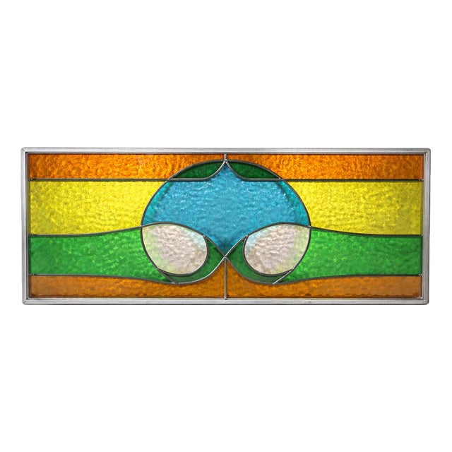 Vintage Geometric Stained Leaded Glass Window Panel For Sale