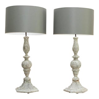 Classical Carved Wooden Finial Lamps with Grey Drum Shades - A Pair For Sale