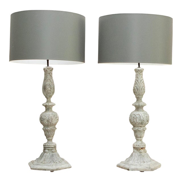Classical Carved Wooden Finial Lamps with Grey Drum Shades - A Pair For Sale