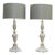 Classical Carved Wooden Finial Lamps with Grey Drum Shades - A Pair For Sale
