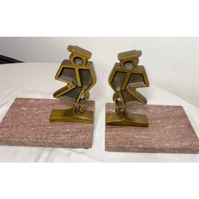 Vintage Heavy Pair Modernist Mid Century Modern Bronze Marble Figural Bookends For Sale - Image 4 of 12