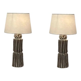 Pair of 21st Century Large 'Sillons' Pottery Lamps With Parchment Shades by Design Frères For Sale