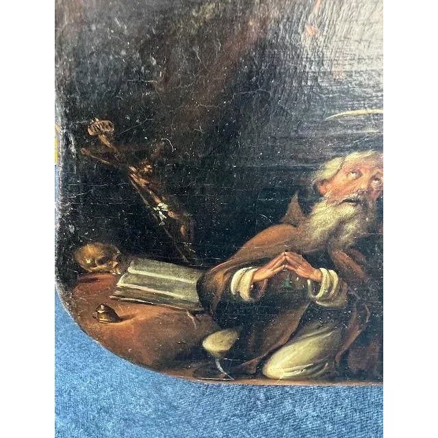 Exquisitely painted on a shaped board that suggests its original placement in a shrine or on an altarpiece, this painting...