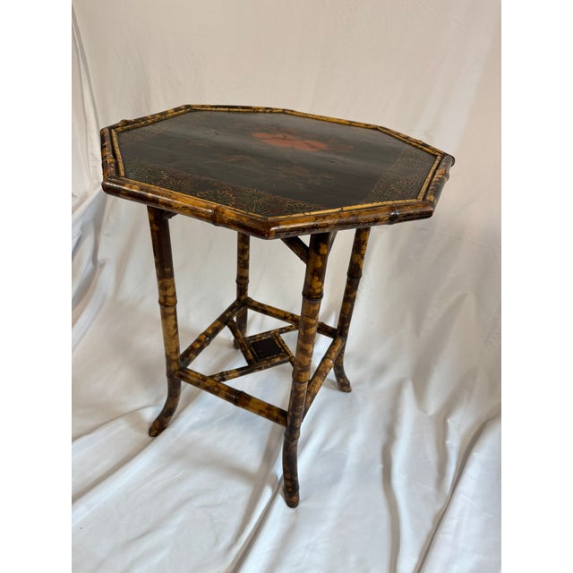 Wood Antique English Bamboo Lacquered Octagonal Table | Aesthetic Movement Chinoiserie | Japanned Top, 28in Tall For Sale - Image 7 of 17