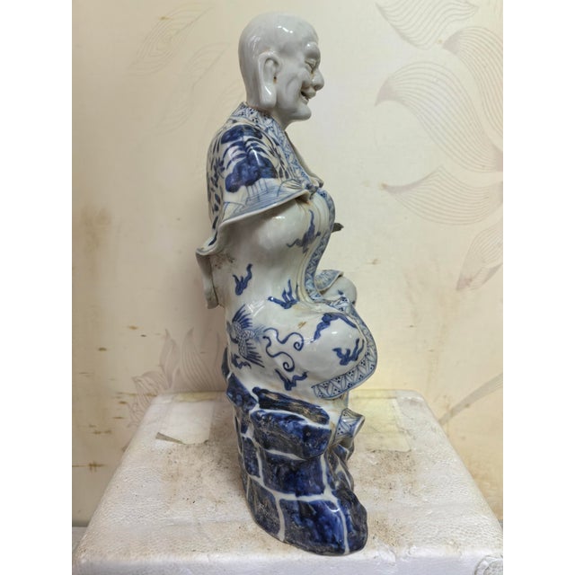 Chinese Vintage Ceramic Buddhist Sculpture,Hand Carved Blue and White Porcelain the Eighteen Arhats Statue For Sale - Image 4 of 11