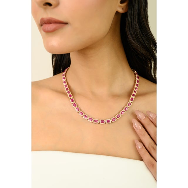 1980s Inspired 27.47 Ct Ruby Statement Necklace With Diamonds in 14k Solid Gold For Sale - Image 10 of 15