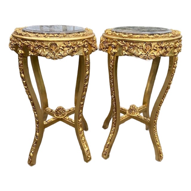 1980s French Louis XVI Gold Beech Marble Side Tables Pair For Sale