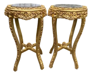 1980s French Louis XVI Gold Beech Marble Side Tables Pair