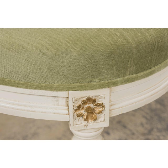 Pair of French Louis XVI Neoclassical Style Painted Lyre Back Accent Chairs in Laurel Green Velvet For Sale - Image 11 of 18