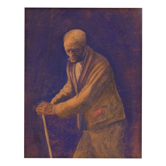 Hans Thoma, Stooped Man with Walking Stick and Cigarette, 1890s, Gouache For Sale