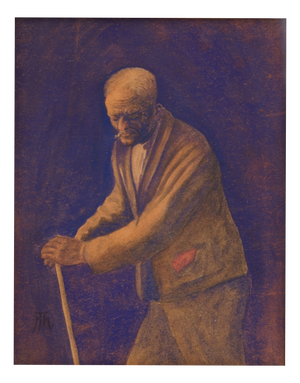 Hans Thoma, Stooped Man with Walking Stick and Cigarette, 1890s, Gouache