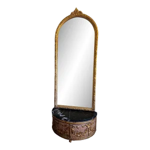 Early 19th Century French Gilded Wood Dressing Mirror With Marble Top Base/Pier and Hidden Compartment