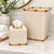 Hand-Painted Two-piece faux wicker resin bathroom set featuring a wastebasket and tissue box cover with bamboo-style trim....
