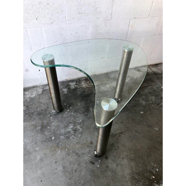 Metal Late 20th Century Kidney Shape Glass Side Tables With Casters (A Pair) For Sale - Image 7 of 13