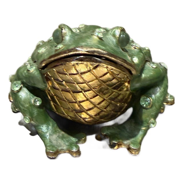 Hand-Painted Enameled Pewter Frog Trinket Box Accented Green Austrian Crystals For Sale