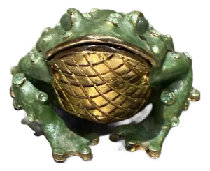 Hand-Painted Enameled Pewter Frog Trinket Box Accented Green Austrian Crystals