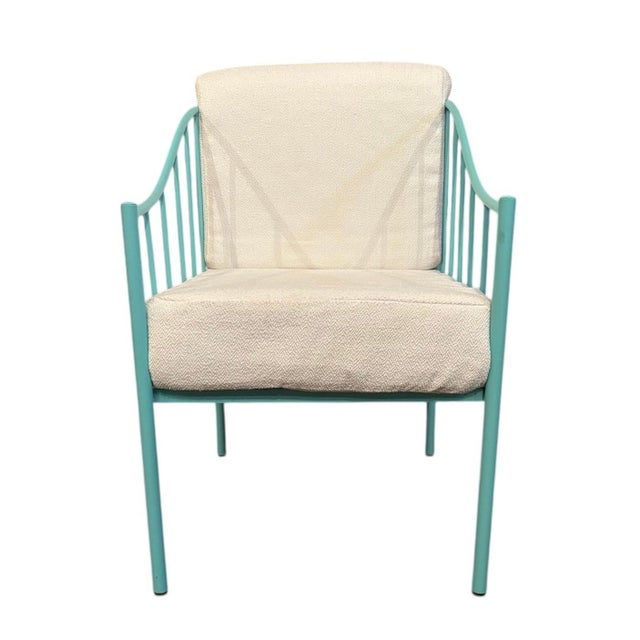 Wrought Iron Turquoise Lounge Chair with White Fabric For Sale In Miami - Image 6 of 6