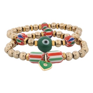 African & Gold Beaded Heart Charm Bracelet Set For Sale