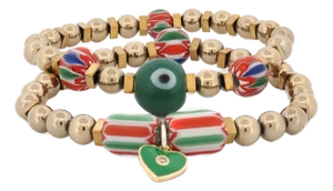 African & Gold Beaded Heart Charm Bracelet Set
