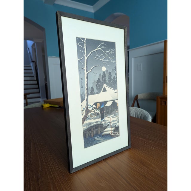 1970s Vintage Takahashi Shōtei (Hiroaki) Woodblock Print "Snowy Night With a Hazy Moon" For Sale - Image 5 of 7