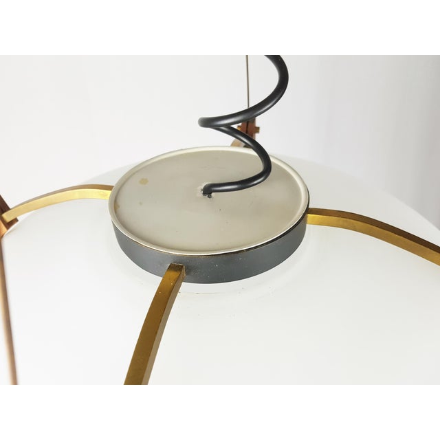 Brown Italian Opaline Glass, Brass & Teak Pendant Lamp, 1950s For Sale - Image 8 of 12