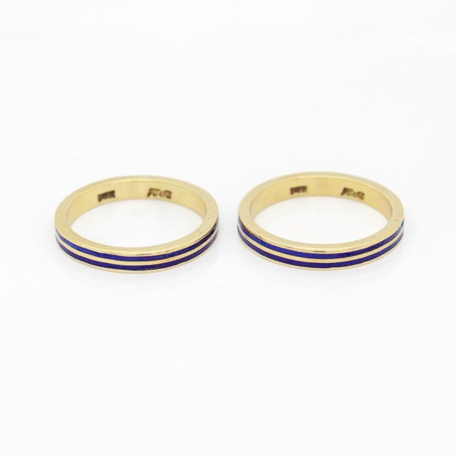 Pair of Signed 14k Gold & Blue Enamel Estate Band Rings For Sale In Philadelphia - Image 6 of 12