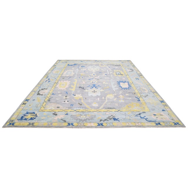 Oushak hand knotted fine rug with natural colors, contemporary style and soft texture.