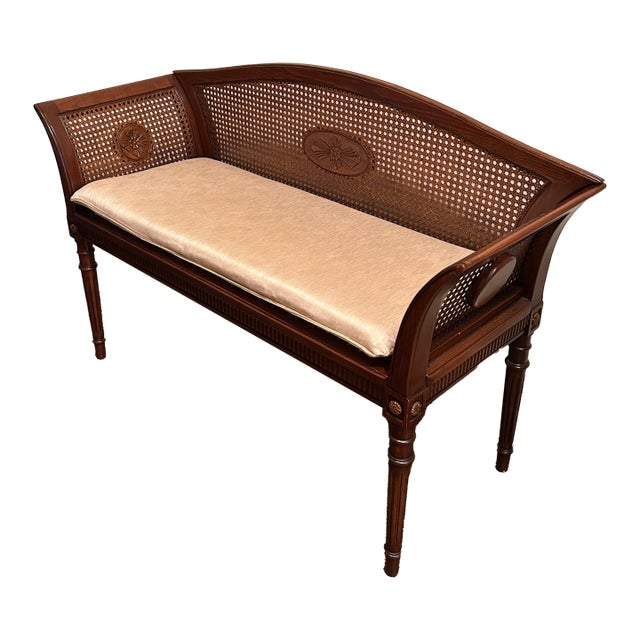 Heredia Wood Cane Bench With Upholstered Seat – Carved Frame Neoclassical Design For Sale