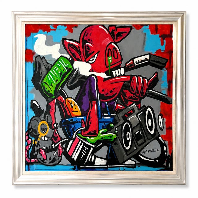 Augusto-S, Pig & Boombox, 2005, Oil Painting on Canvas, Framed For Sale - Image 11 of 11