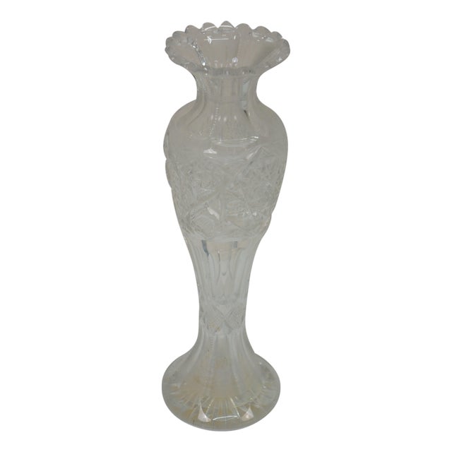 Antique American Brilliant Cut Glass Crystal Stars Mantel Bud Flower Vase 12" For Sale