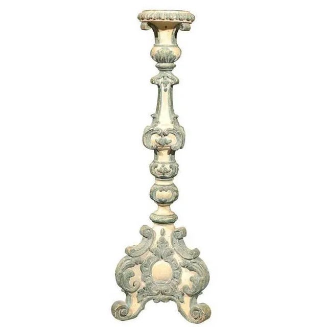 18th Century Italian Rococo Single Carved Candlestick, Painted with Blue Accents For Sale - Image 10 of 10