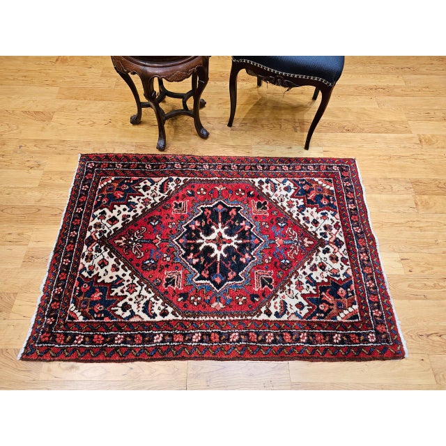 1900 - 1909 Vintage Heriz Rug, Hand-Knotted Wool, Geometric Medallion Pattern, Red & Ivory, 3x5 For Sale - Image 5 of 17