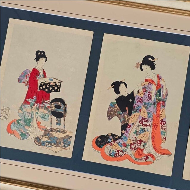 Toyohara Yōshū Chikanobu, Kimono Changing CeremonyTriptych, 1895, Glass, Wood and Paper For Sale - Image 6 of 18