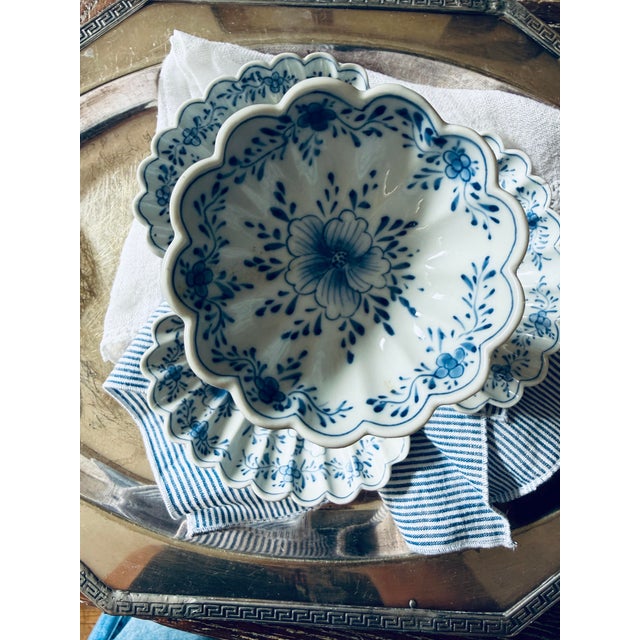 A striking vintage blue and white porcelain pickle stand or tiered sweetmeat dish made by high end Maitland-Smith, based...