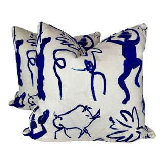 Kelly O'Neil "Pablo" in Indigo on Bone 22" Pillows-a Pair For Sale