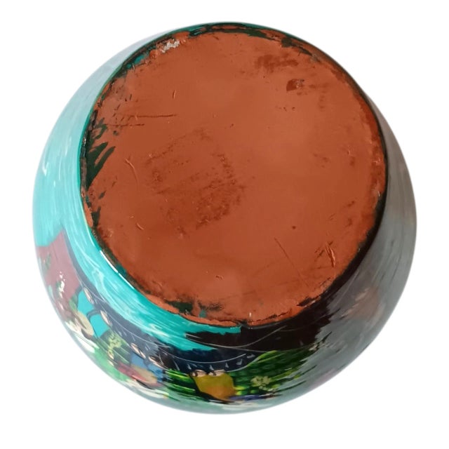 Vintage Mexican Folk Art Vase Handpainted Terracotta Colorful Green Blue Red Glossy 8" X 7" For Sale In Austin - Image 6 of 15
