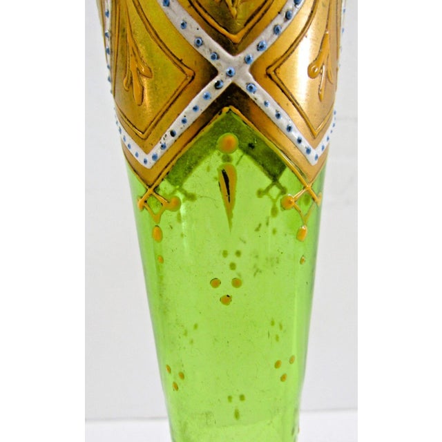 Glass Antique Bohemian Moser-Style Green Glass Stick Vase Gold Gilding and Enamel For Sale - Image 7 of 12