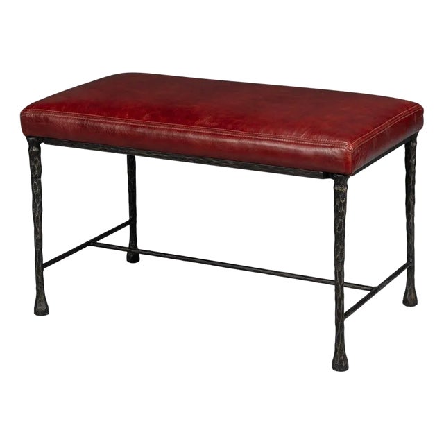 Red Leather and Iron Rustic Small Bench For Sale