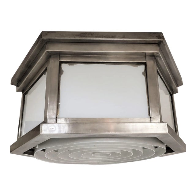 Mid-Century Industrial Flush Mount in Nickeled Brass With White Glass For Sale